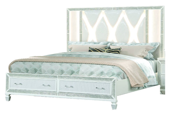 English Elm Crystal Queen LED Storage Bed White Upholstered Headboard with Crystal Accents — Glamorous, Durable centerpiece for Luxe Bedrooms B009S00974
