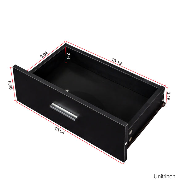 English Elm Black modern vanity desk with multi-layer storage, 2 drawers, cabinet & hairdryer slots for salon-organized spaces W33163005