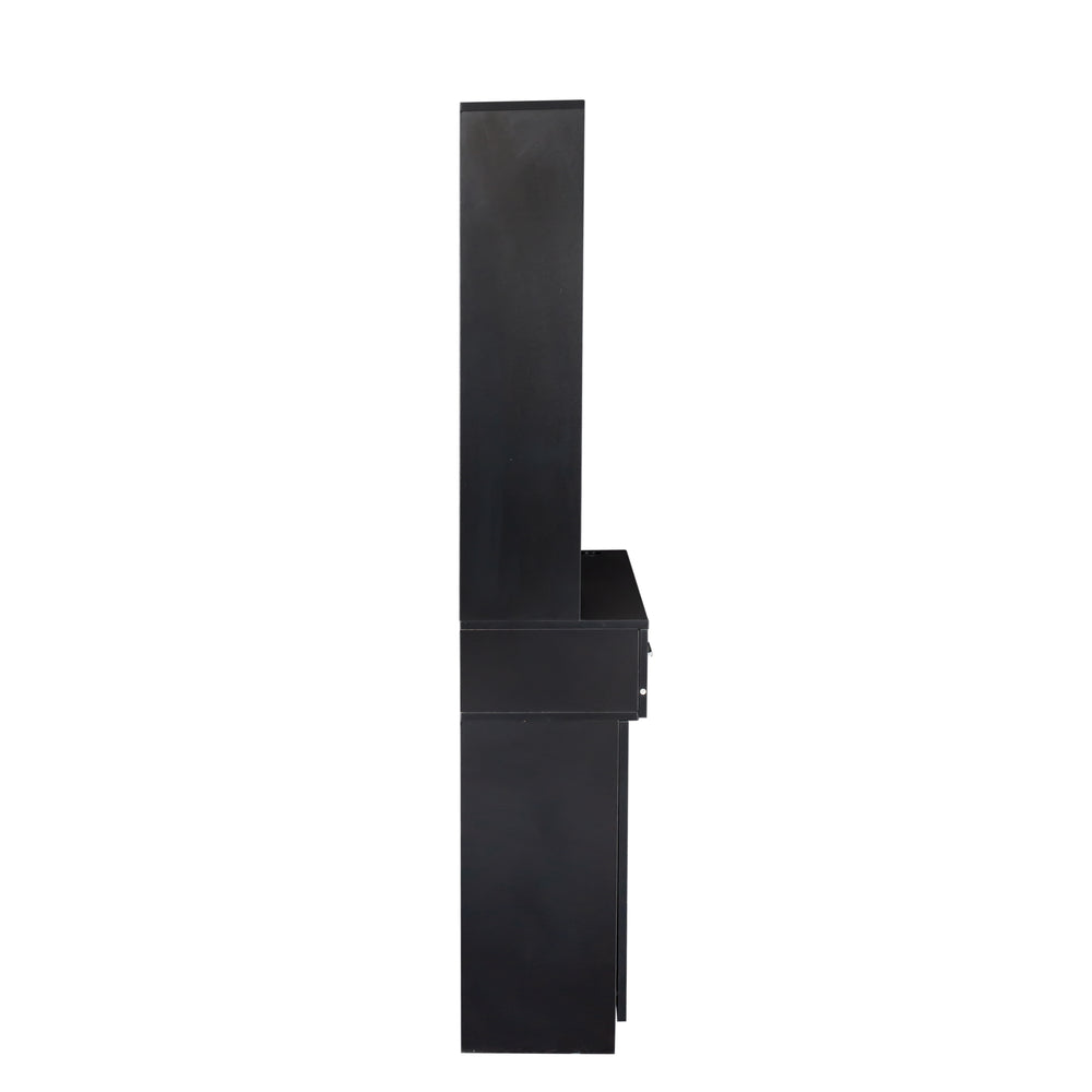English Elm Black modern vanity desk with multi-layer storage, 2 drawers, cabinet & hairdryer slots for salon-organized spaces W33163005