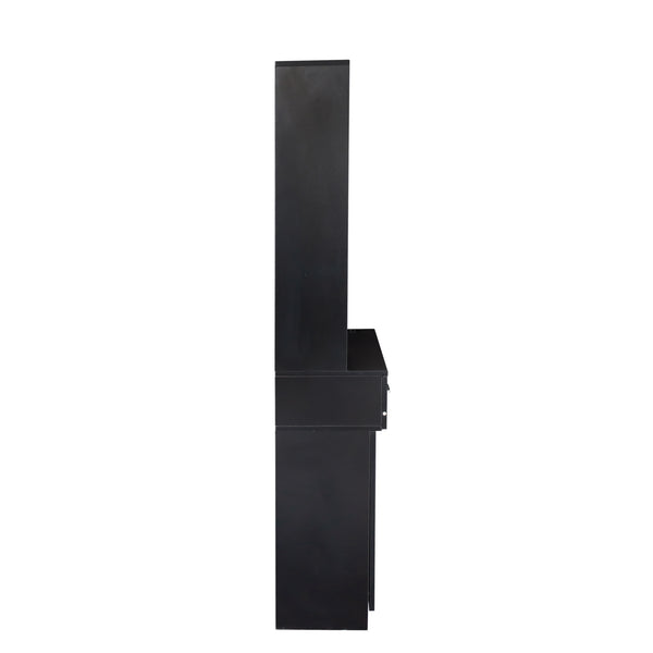 English Elm Black modern vanity desk with multi-layer storage, 2 drawers, cabinet & hairdryer slots for salon-organized spaces W33163005