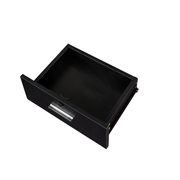 English Elm Black modern vanity desk with multi-layer storage, 2 drawers, cabinet & hairdryer slots for salon-organized spaces W33163005