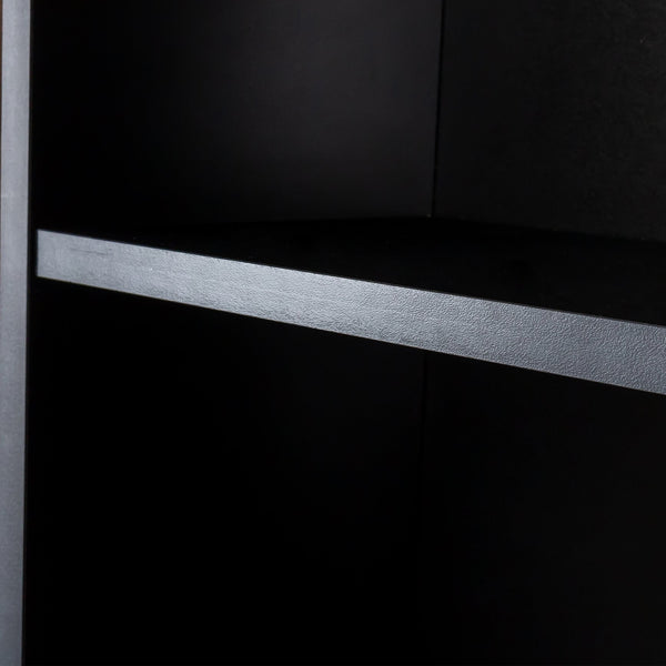 English Elm Black modern vanity desk with multi-layer storage, 2 drawers, cabinet & hairdryer slots for salon-organized spaces W33163005