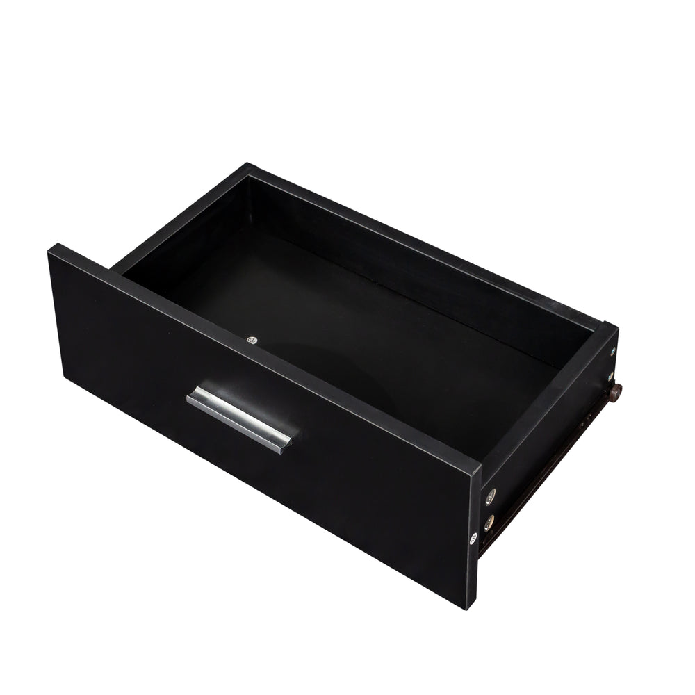 English Elm Black modern vanity desk with multi-layer storage, 2 drawers, cabinet & hairdryer slots for salon-organized spaces W33163005