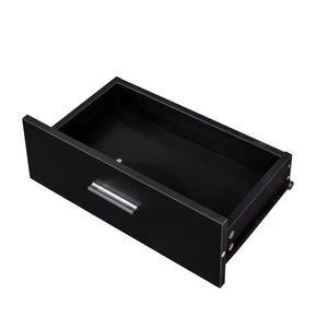 English Elm Black modern vanity desk with multi-layer storage, 2 drawers, cabinet & hairdryer slots for salon-organized spaces W33163005