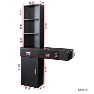 English Elm Black modern vanity desk with multi-layer storage, 2 drawers, cabinet & hairdryer slots for salon-organized spaces W33163005