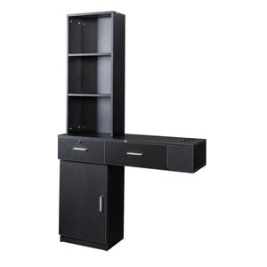 English Elm Black modern vanity desk with multi-layer storage, 2 drawers, cabinet & hairdryer slots for salon-organized spaces W33163005