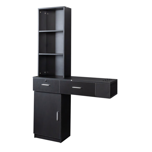 English Elm Black modern vanity desk with multi-layer storage, 2 drawers, cabinet & hairdryer slots for salon-organized spaces W33163005