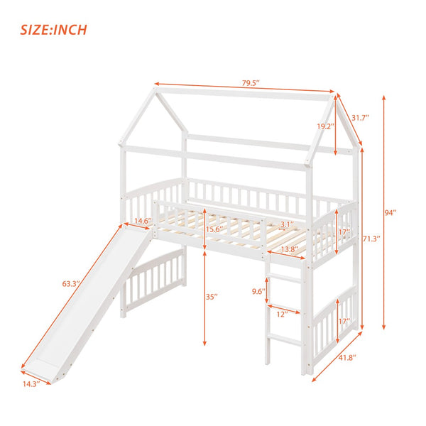 English Elm Twin Playhouse Loft Bed with Built-in Slide Solid Pine Frame Kids Bedroom LT001212AAK