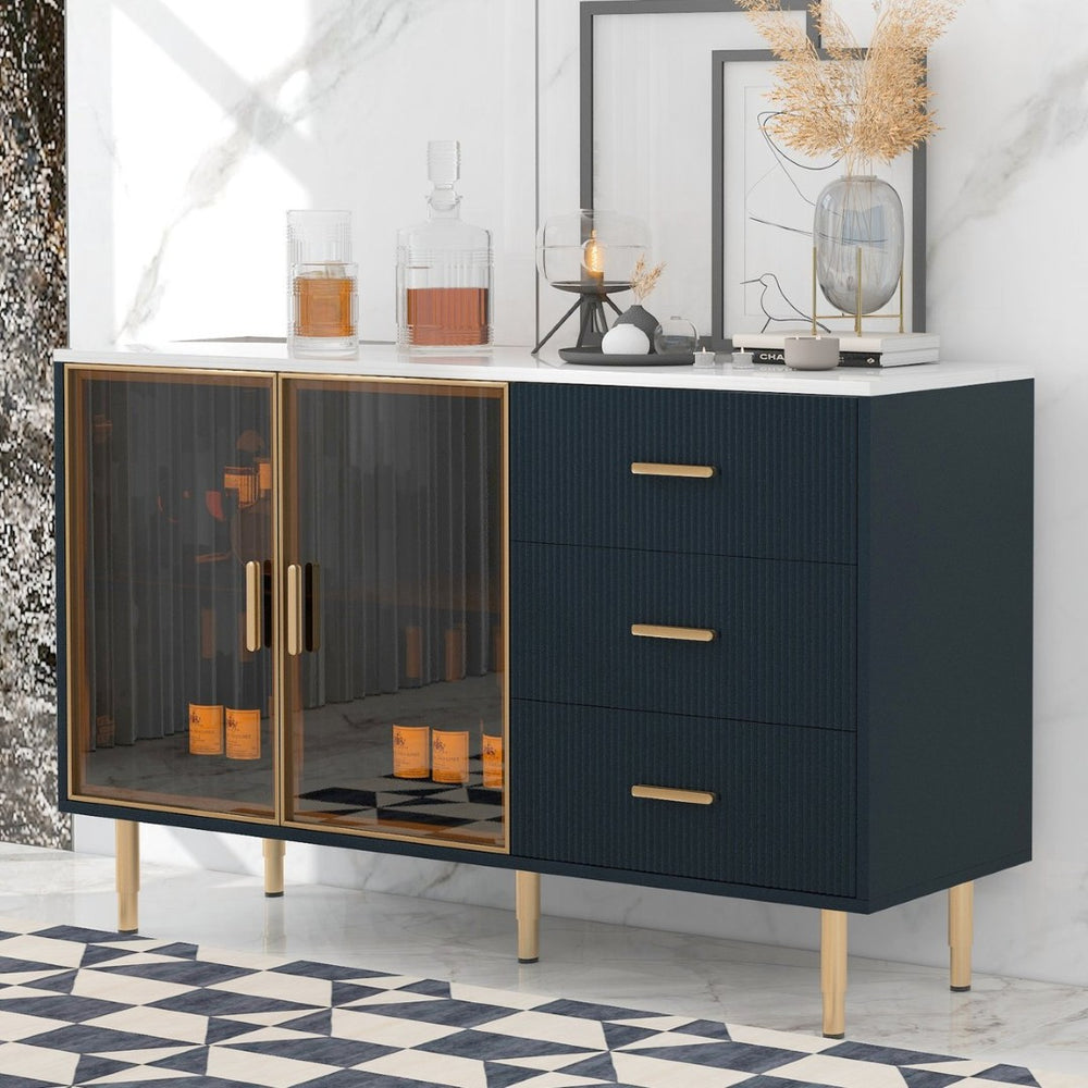 English Elm Trexm Glam Buffet Cabinet Gold Legs Amber Glass Doors Marble Top Dining Storage XW000010AAM