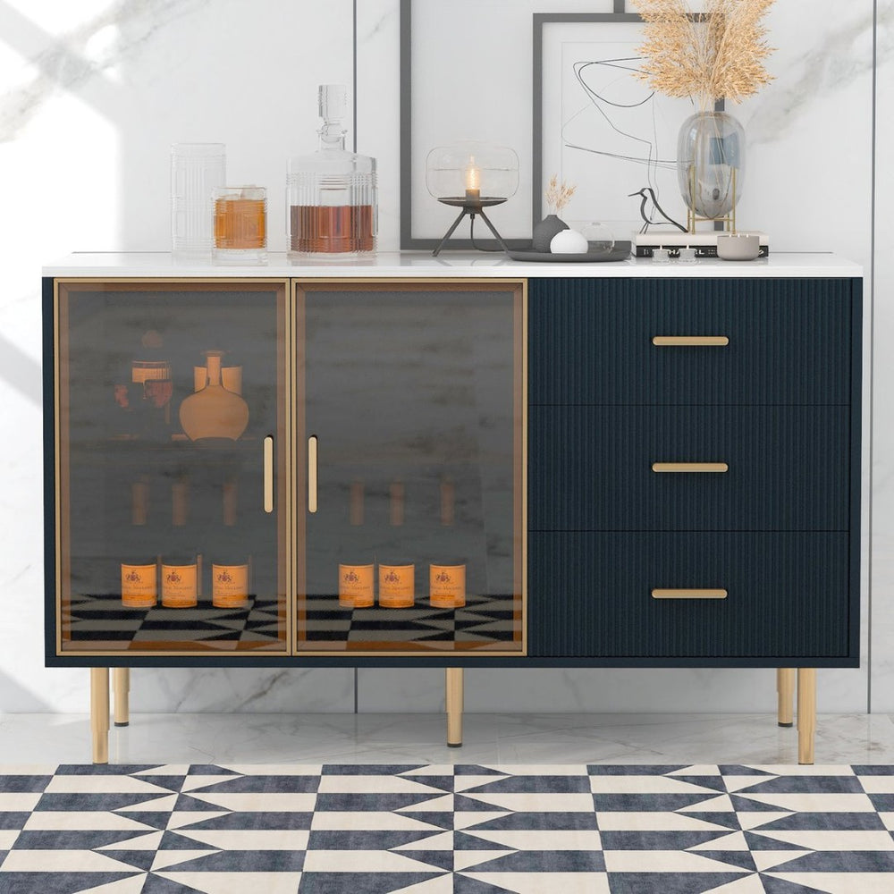 English Elm Trexm Glam Buffet Cabinet Gold Legs Amber Glass Doors Marble Top Dining Storage XW000010AAM