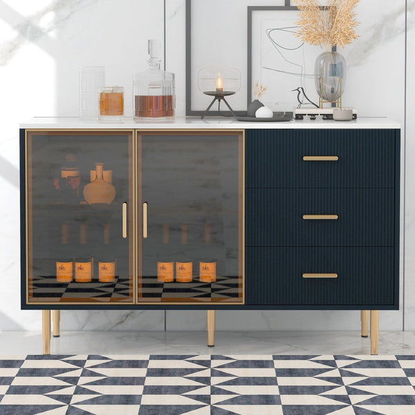 English Elm Trexm Glam Buffet Cabinet Gold Legs Amber Glass Doors Marble Top Dining Storage XW000010AAM