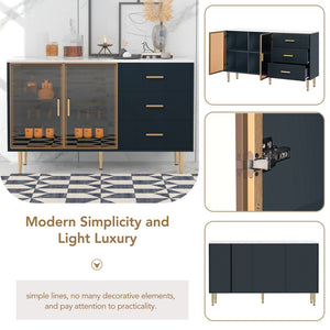 English Elm Trexm Glam Buffet Cabinet Gold Legs Amber Glass Doors Marble Top Dining Storage XW000010AAM