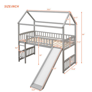 English Elm Twin Playhouse Loft Bed with Built-in Slide Solid Pine Frame Kids Bedroom LT001212AAE