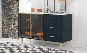 English Elm Trexm Glam Buffet Cabinet Gold Legs Amber Glass Doors Marble Top Dining Storage XW000010AAM