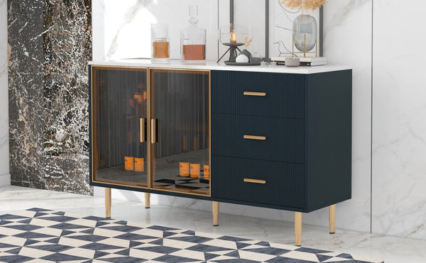 English Elm Trexm Glam Buffet Cabinet Gold Legs Amber Glass Doors Marble Top Dining Storage XW000010AAM