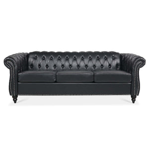 English Elm 84.65" Chesterfield Three Seater Sofa Pu Leather Tufted Rolled Arm Living Room Black W68035340