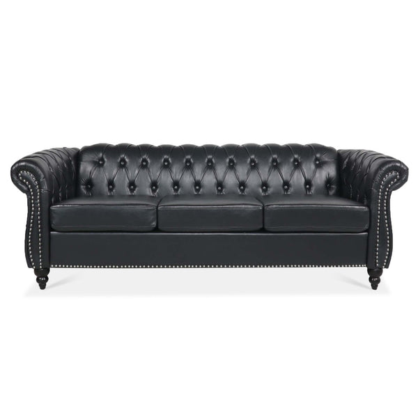 English Elm 84.65" Chesterfield Three Seater Sofa Pu Leather Tufted Rolled Arm Living Room Black W68035340