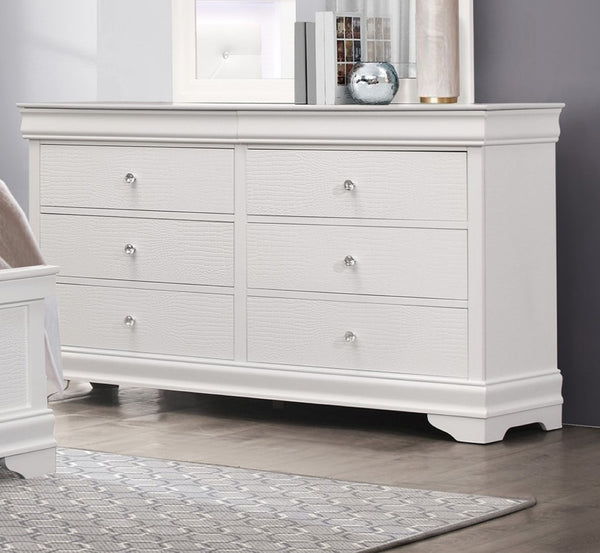 English Elm Traditional White Lacquer Dresser with Faux Alligator Fronts and Crystal Knob Hardware B01171517