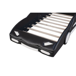 English Elm Twin Race Car-Shaped Platform Bed with Wheels — Durable Pine Wood Construction, Guardrails, 250lb Capacity Black WF297945AAB