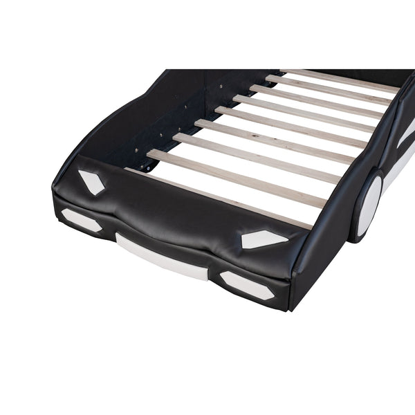 English Elm Twin Race Car-Shaped Platform Bed with Wheels — Durable Pine Wood Construction, Guardrails, 250lb Capacity Black WF297945AAB