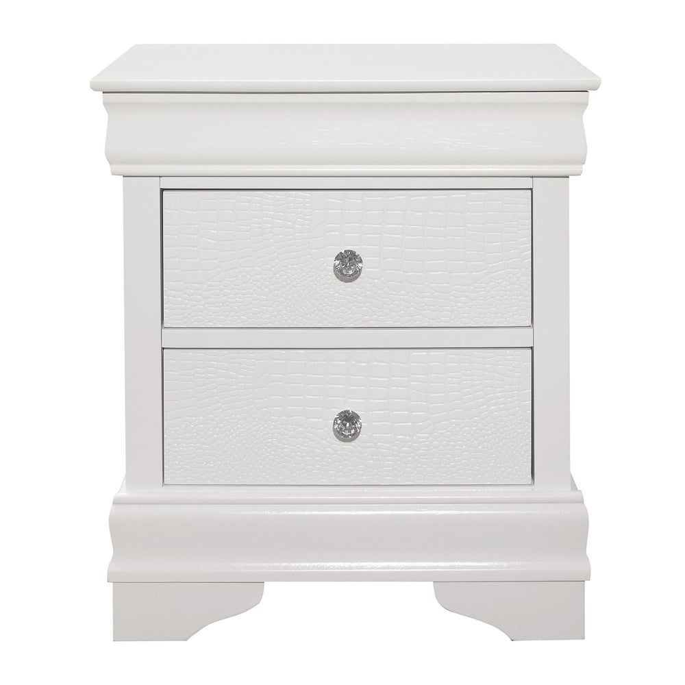 English Elm Traditional Lana Nightstand White Finish Faux Alligator Embossed Drawers Crystal Knobs Hidden Storage B01171516