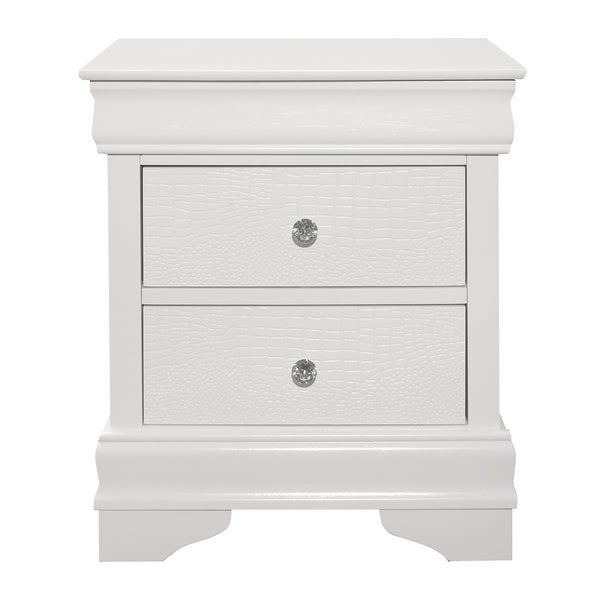 English Elm Traditional Lana Nightstand White Finish Faux Alligator Embossed Drawers Crystal Knobs Hidden Storage B01171516