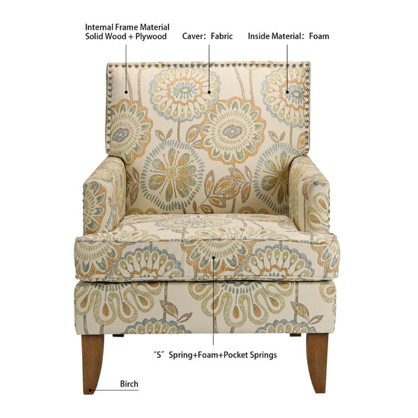 English Elm Accent Chair with Bubble Nail Trim Birch Legs and High Back for Living Room W68041067