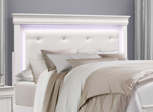 English Elm Glam Queen Bed with Faux Alligator Embossed Panels, Crystal-Tufted LED Backlit Headboard, Luxe Appeal White 79 L x 8 W x 5 H B011S02036