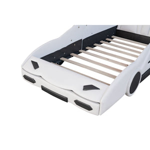 English Elm Twin Race Car-Shaped Platform Bed with Wheels — Durable Pine Wood Construction, Guardrails, 250lb Capacity White WF297945AAK