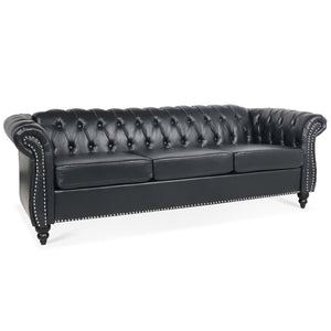 English Elm 84.65" Chesterfield Three Seater Sofa Pu Leather Tufted Rolled Arm Living Room Black W68035340