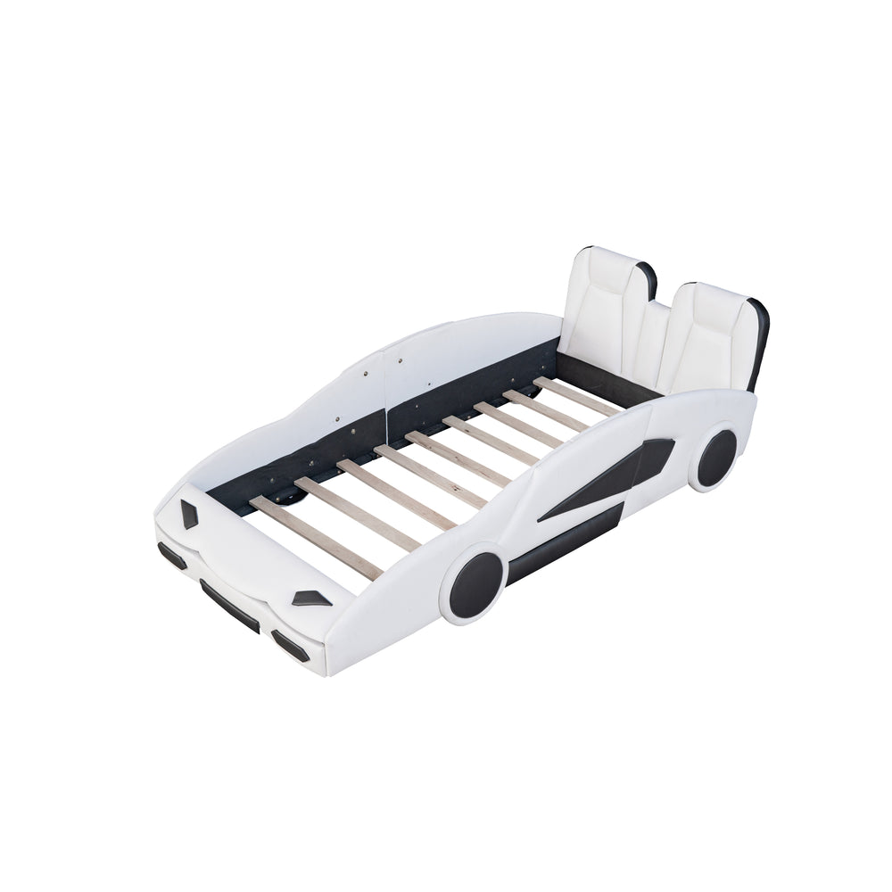 English Elm Twin Race Car-Shaped Platform Bed with Wheels — Durable Pine Wood Construction, Guardrails, 250lb Capacity White WF297945AAK