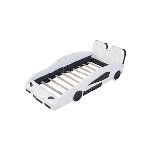 English Elm Twin Race Car-Shaped Platform Bed with Wheels — Durable Pine Wood Construction, Guardrails, 250lb Capacity White WF297945AAK