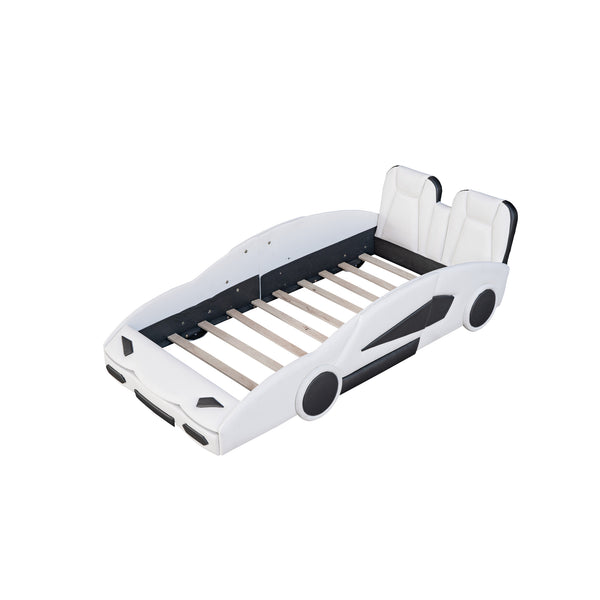 English Elm Twin Race Car-Shaped Platform Bed with Wheels — Durable Pine Wood Construction, Guardrails, 250lb Capacity White WF297945AAK