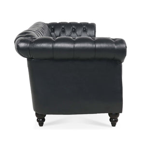 English Elm 84.65" Chesterfield Three Seater Sofa Pu Leather Tufted Rolled Arm Living Room Black W68035340