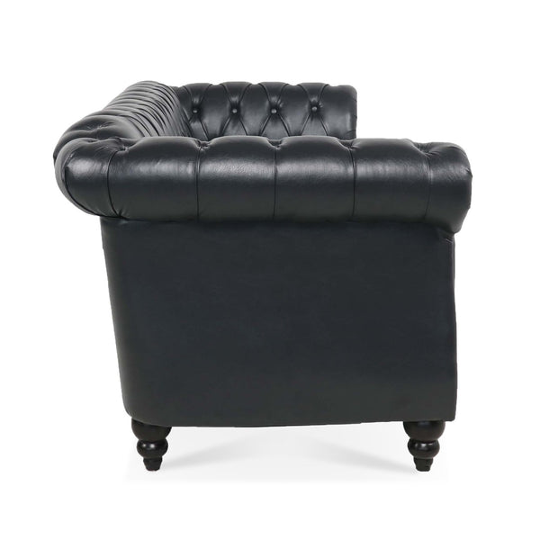 English Elm 84.65" Chesterfield Three Seater Sofa Pu Leather Tufted Rolled Arm Living Room Black W68035340