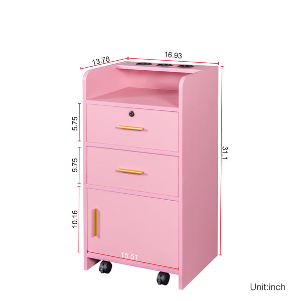English Elm Locking Salon Beauty Cabinet with 2 Drawers & 1 Lockable Cupboard, Hair Dryer Holes, Durable Finish W33163017