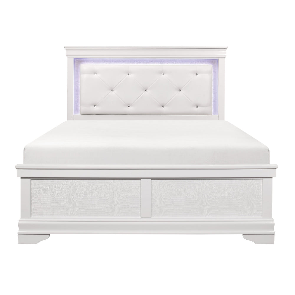 English Elm Traditional Queen Bed White Finish Faux Alligator Panels LED Crystal-Tufted Headboard Glam Chic Design B011S00258