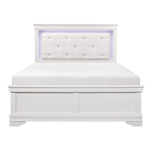 English Elm Traditional Queen Bed White Finish Faux Alligator Panels LED Crystal-Tufted Headboard Glam Chic Design B011S00258