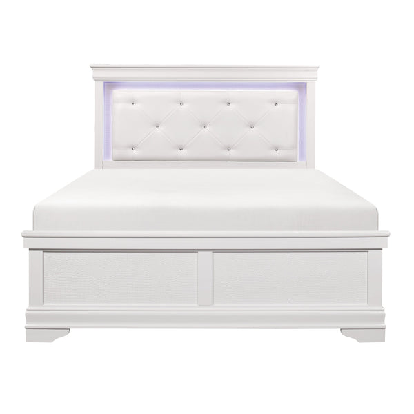 English Elm Traditional Queen Bed White Finish Faux Alligator Panels LED Crystal-Tufted Headboard Glam Chic Design B011S00258