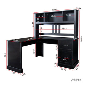 English Elm Home Office Computer Desk with Hutch, Antiqued Finish, Spacious Storage, Waterproof Scratchproof Surface Black W331S00116