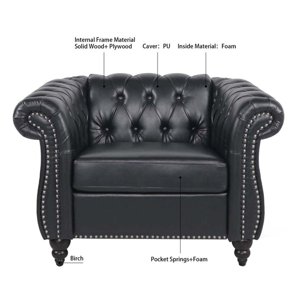 English Elm 1 Seater Pu Leather Tufted Accent Sofa with Birch Legs for Any Living Space Black W680P405343