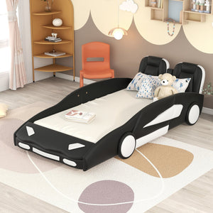 English Elm Twin Race Car-Shaped Platform Bed with Wheels — Durable Pine Wood Construction, Guardrails, 250lb Capacity Black WF297945AAB