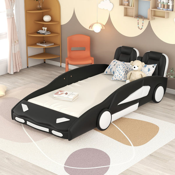 English Elm Twin Race Car-Shaped Platform Bed with Wheels — Durable Pine Wood Construction, Guardrails, 250lb Capacity Black WF297945AAB