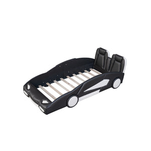 English Elm Twin Race Car-Shaped Platform Bed with Wheels — Durable Pine Wood Construction, Guardrails, 250lb Capacity Black WF297945AAB