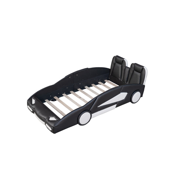 English Elm Twin Race Car-Shaped Platform Bed with Wheels — Durable Pine Wood Construction, Guardrails, 250lb Capacity Black WF297945AAB