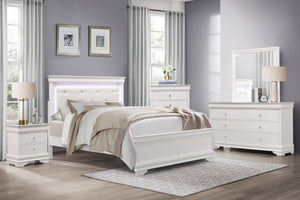 English Elm Traditional Queen Bed White Finish Faux Alligator Panels LED Crystal-Tufted Headboard Glam Chic Design B011S00258