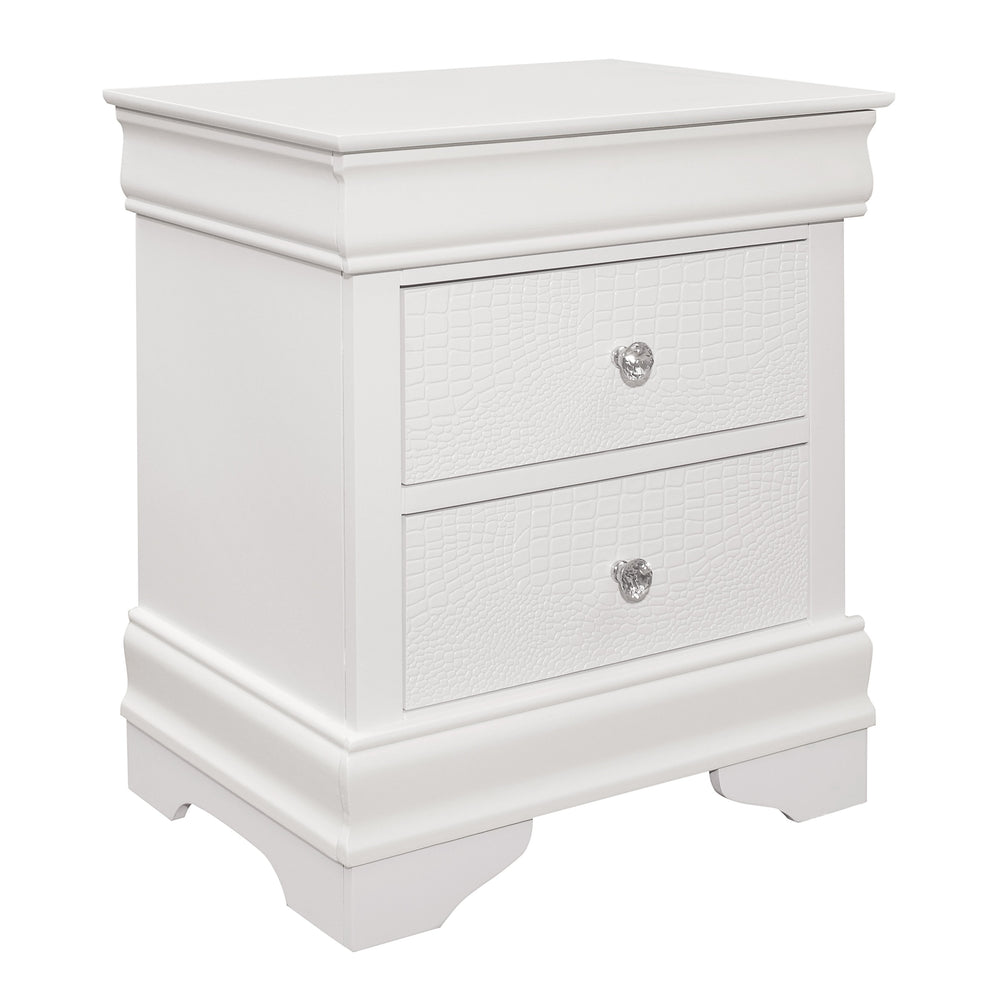 English Elm Traditional Lana Nightstand White Finish Faux Alligator Embossed Drawers Crystal Knobs Hidden Storage B01171516