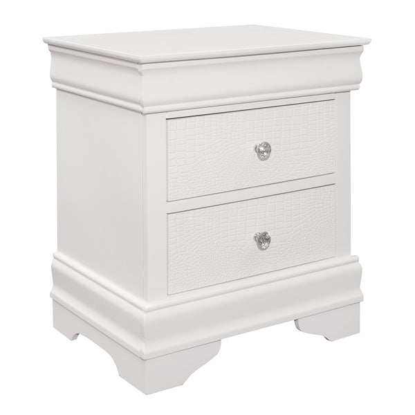 English Elm Traditional Lana Nightstand White Finish Faux Alligator Embossed Drawers Crystal Knobs Hidden Storage B01171516