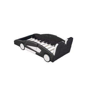 English Elm Twin Race Car-Shaped Platform Bed with Wheels — Durable Pine Wood Construction, Guardrails, 250lb Capacity Black WF297945AAB