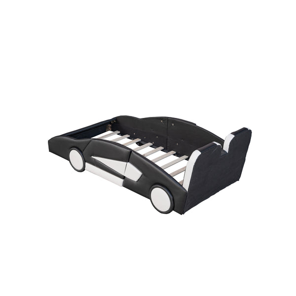 English Elm Twin Race Car-Shaped Platform Bed with Wheels — Durable Pine Wood Construction, Guardrails, 250lb Capacity Black WF297945AAB